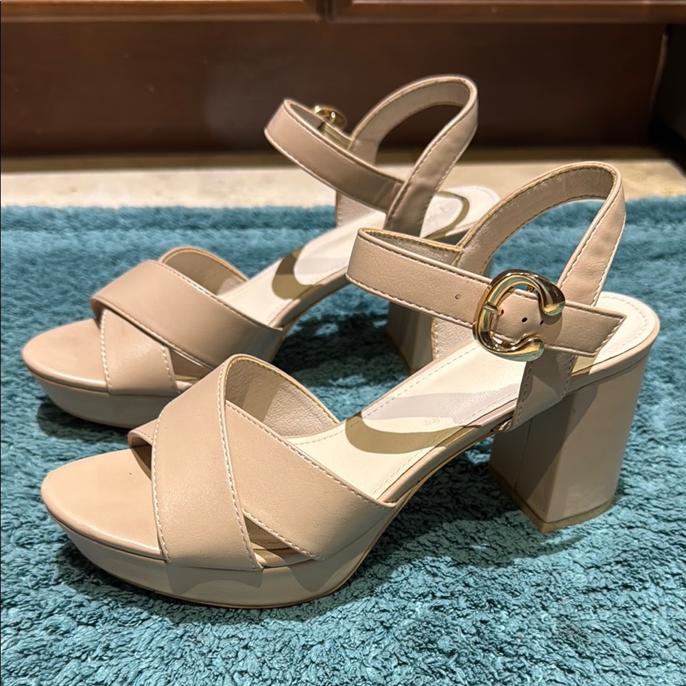 H by Halston Tan Platform Sandals with Block Heel
